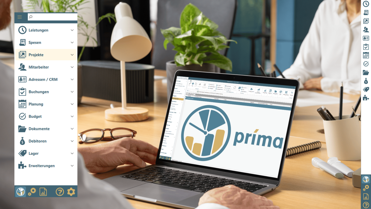 Mitarbeiter arbeitet am Laptop mit geöffneter ERP-Software prima. Mit der ERP-Software prima verwalten Sie Leistungen, Projekte, Mitarbeiter und Ressourcen effizient. Klare Strukturen, einfache Bedienung und volle Kontrolle für Ihr Unternehmen